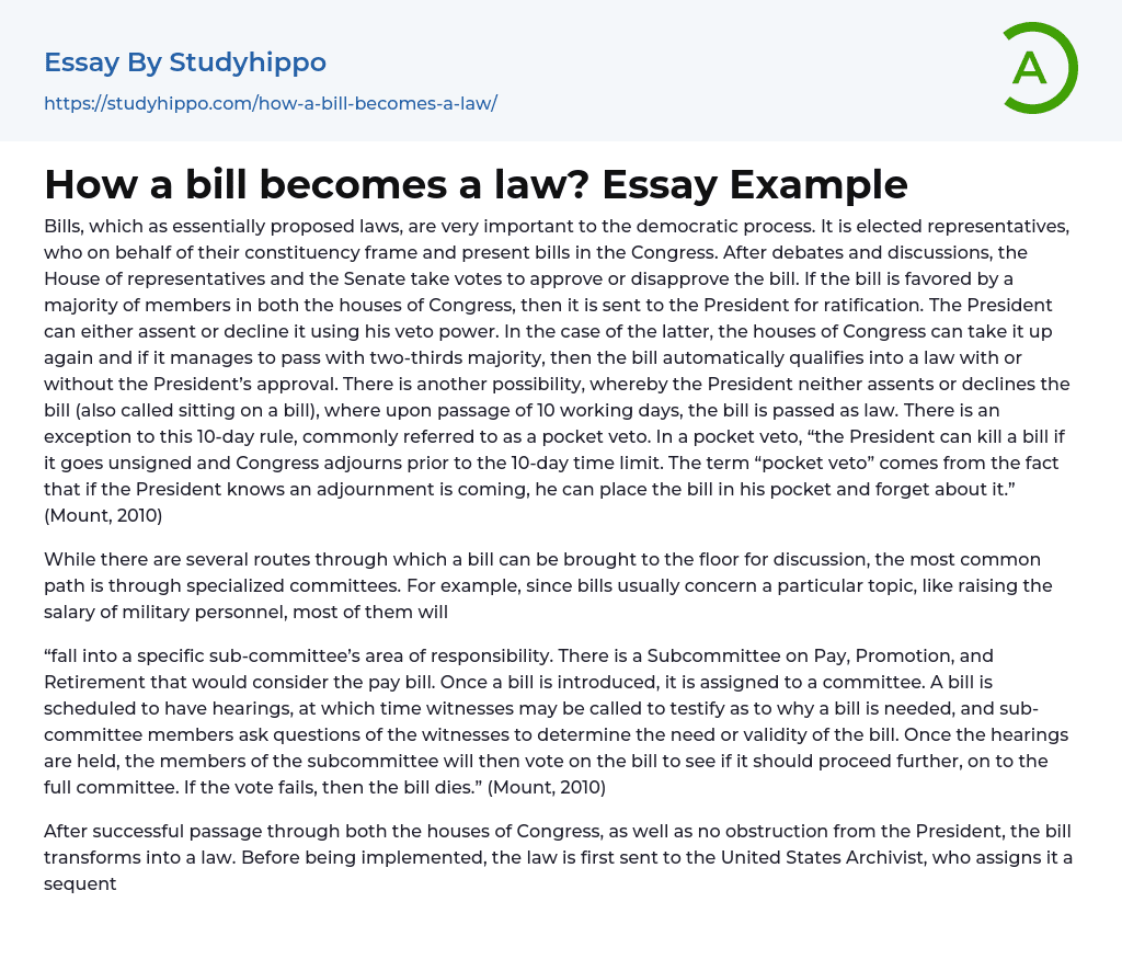 How a bill a law? Essay Example