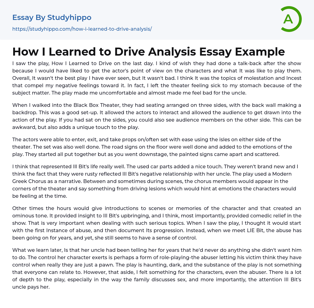 How I Learned to Drive Analysis Essay Example