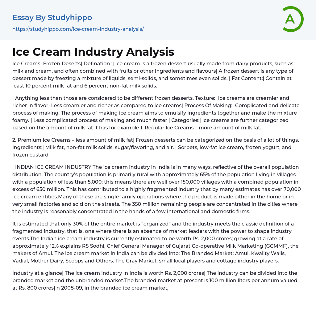 Ice Cream Is a Food ProductDessert Essay Example