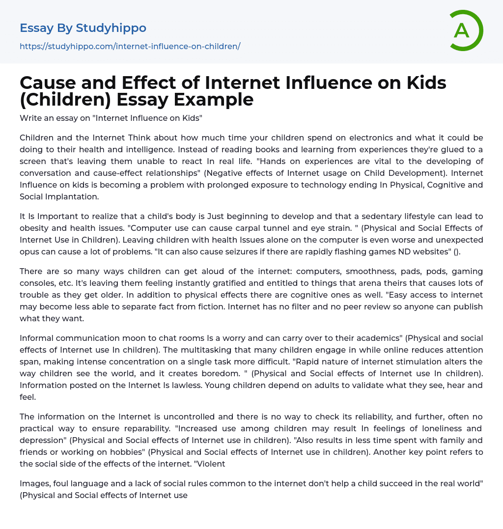 Cause and Effect of Influence on Kids (Children) Essay Example