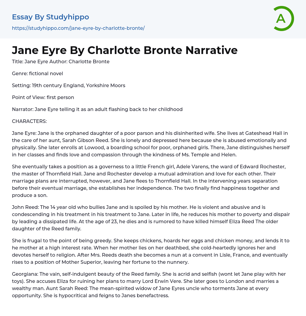 Jane Eyre By Charlotte Bronte Narrative Essay Example