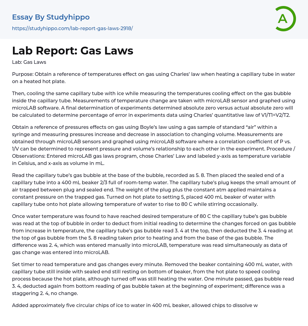 Lab Report Gas Laws Essay Example