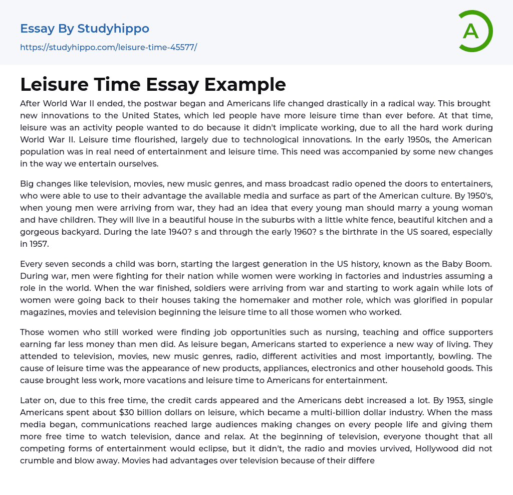 Leisure Time Essay Example