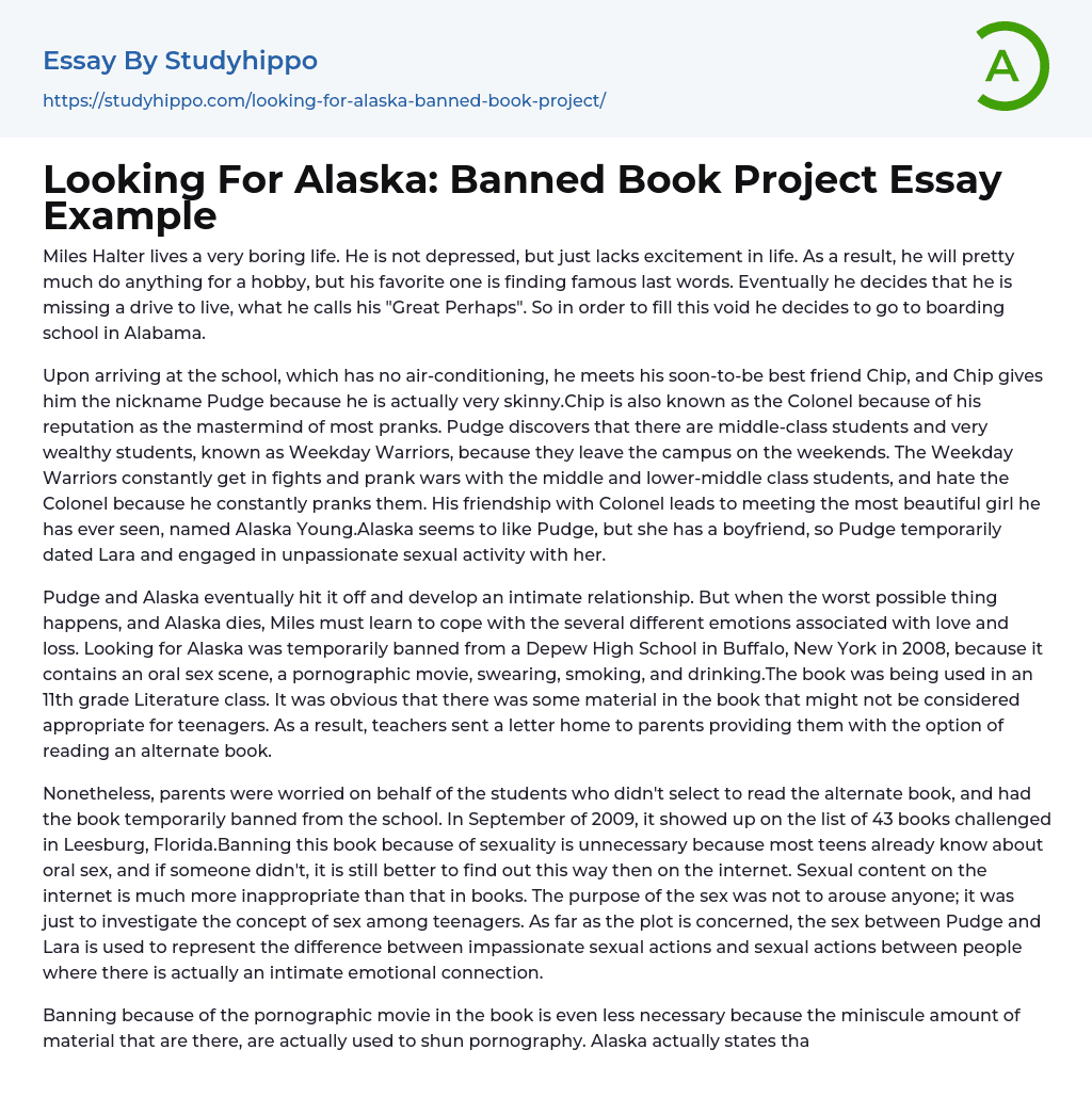 Looking For Alaska Banned Book Project Essay Example