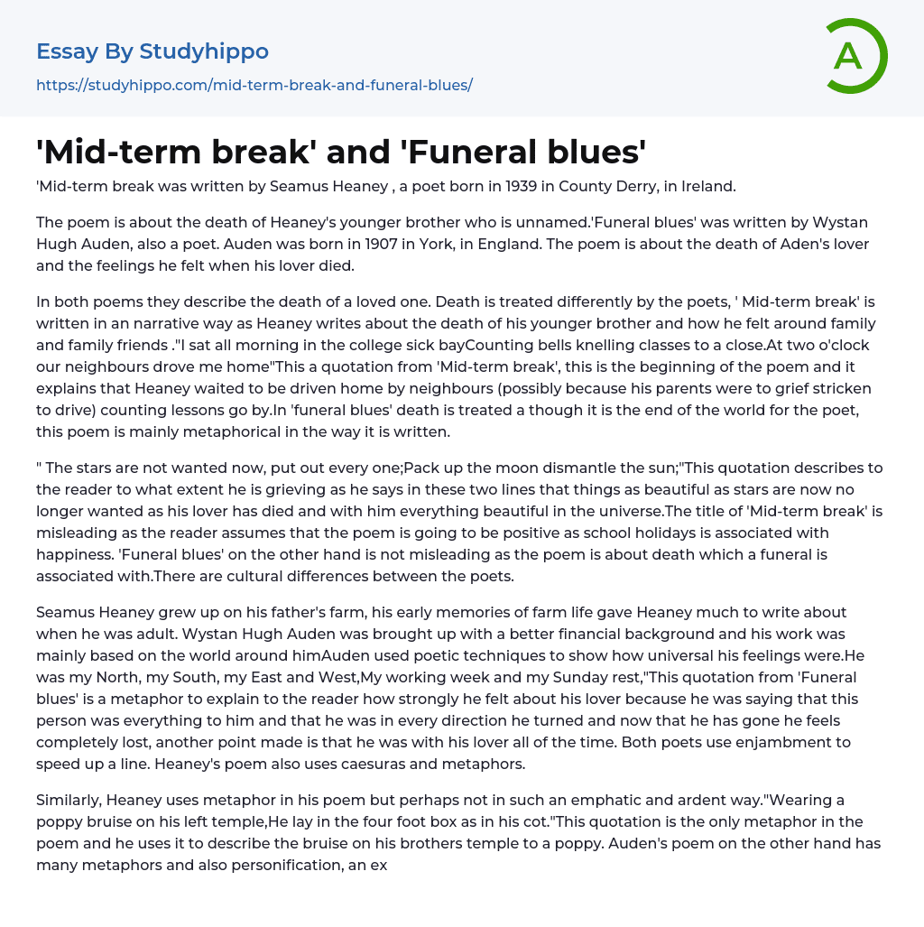 Midterm break’ and ‘Funeral blues’ Essay Example