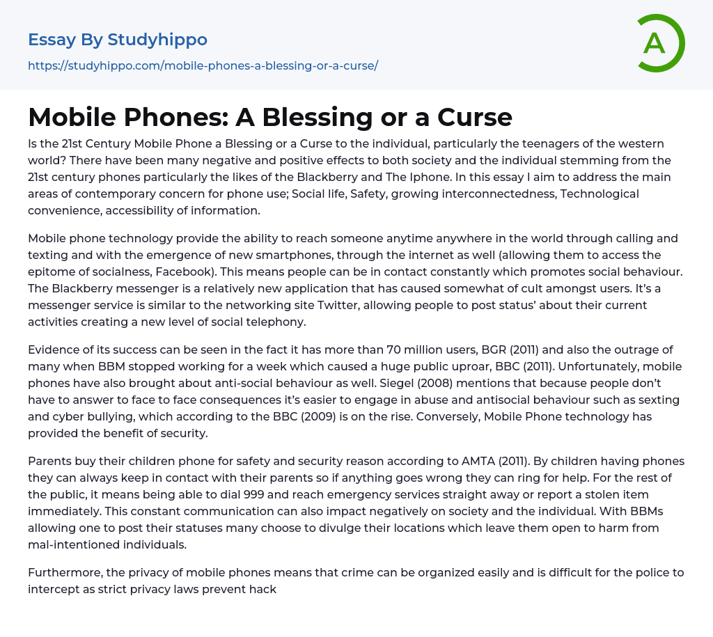 Mobile Phones A Blessing or a Curse Essay Example