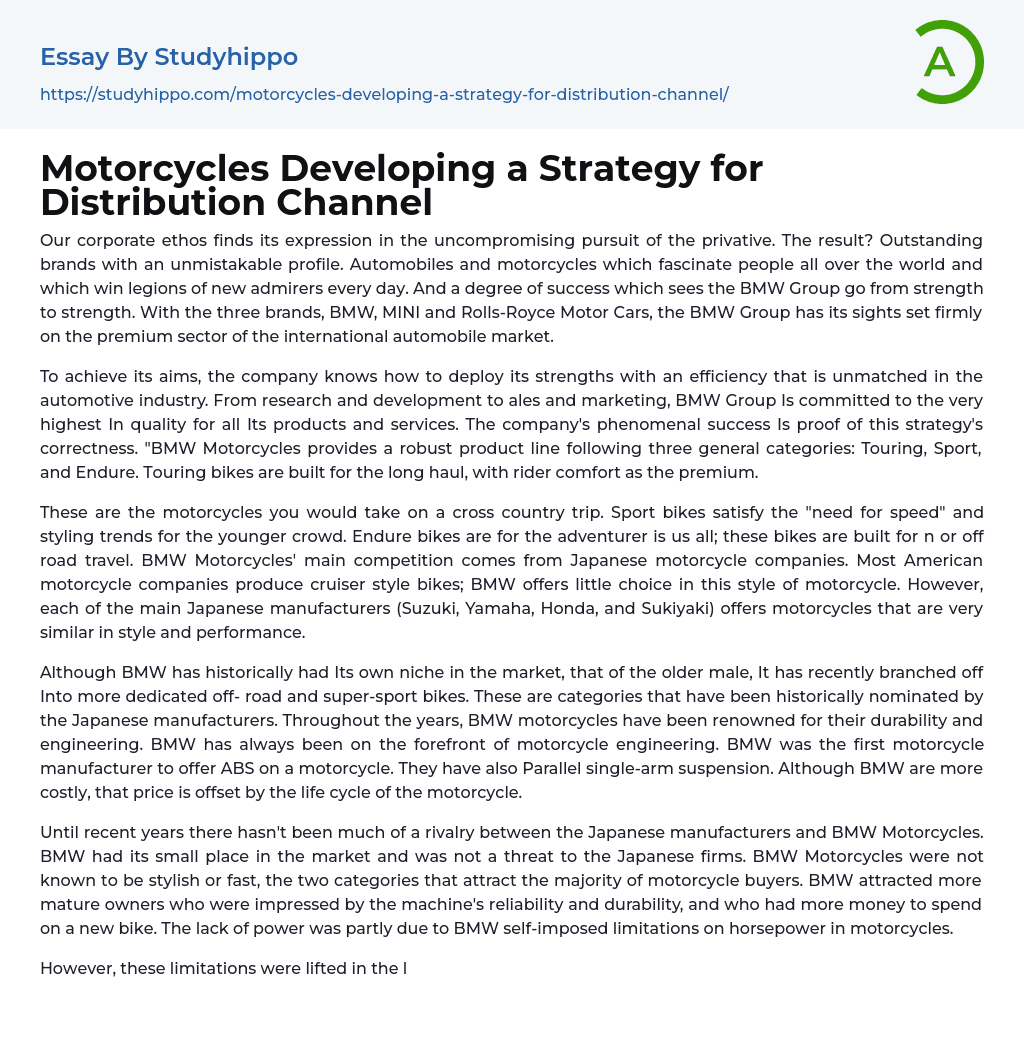 Motorcycles Developing a Strategy for Distribution Channel Essay