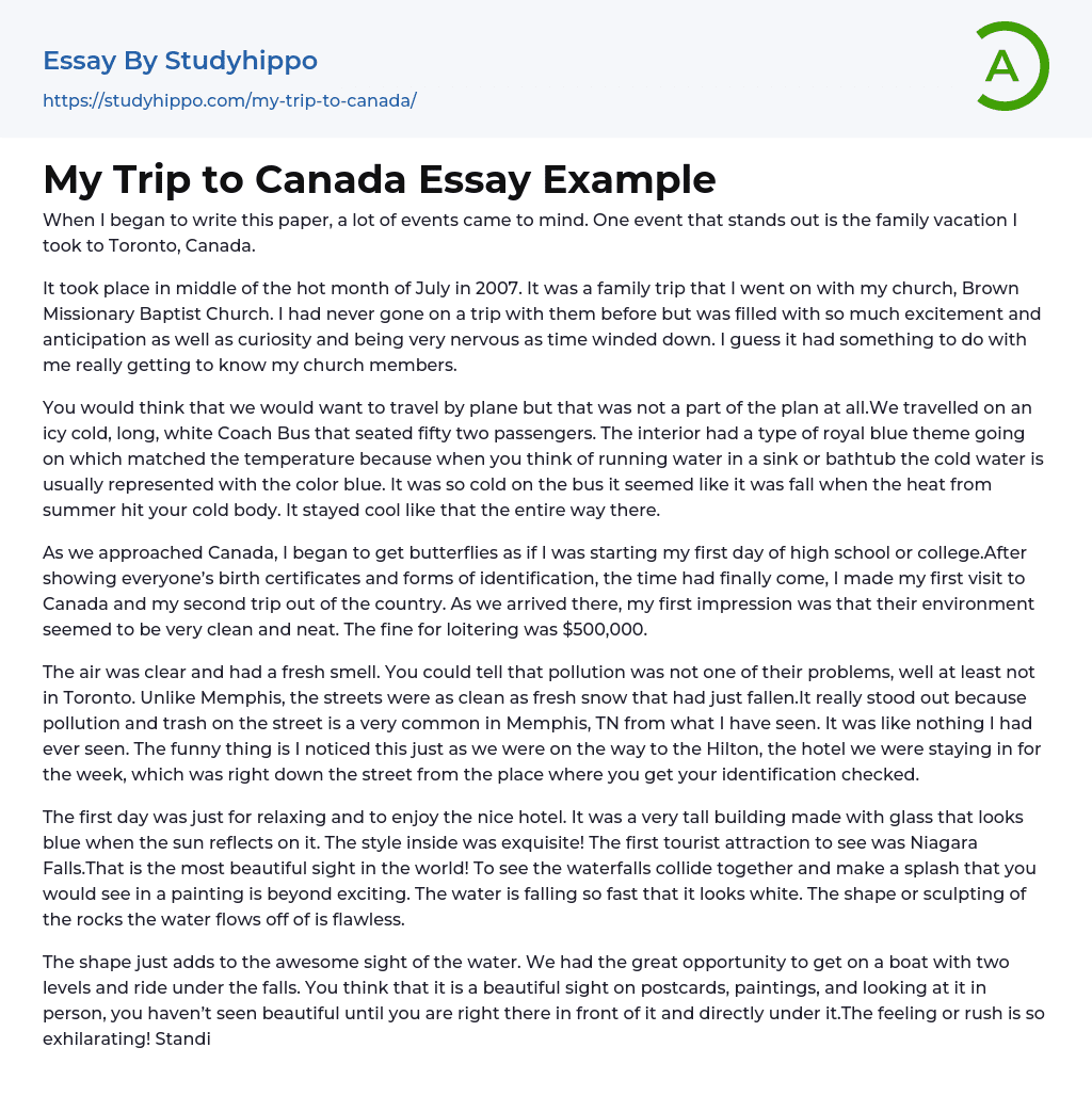 My Trip to Canada Essay Example