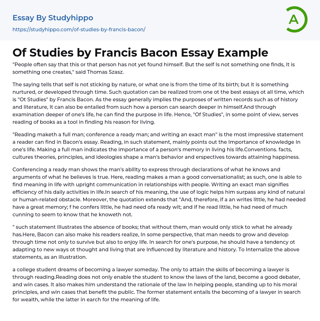 Of Studies by Francis Bacon Essay Example