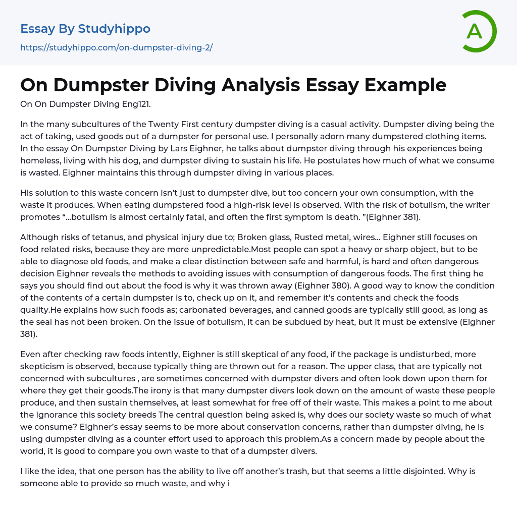 “On Dumpster Diving” by Lars Eighner Essay Example