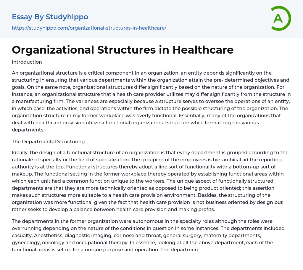 Organizational Structures in Healthcare Essay Example