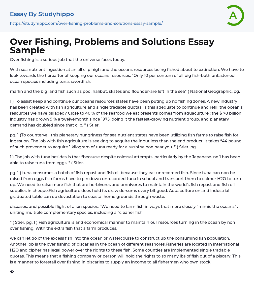 Over Fishing, Problems and Solutions Essay Sample