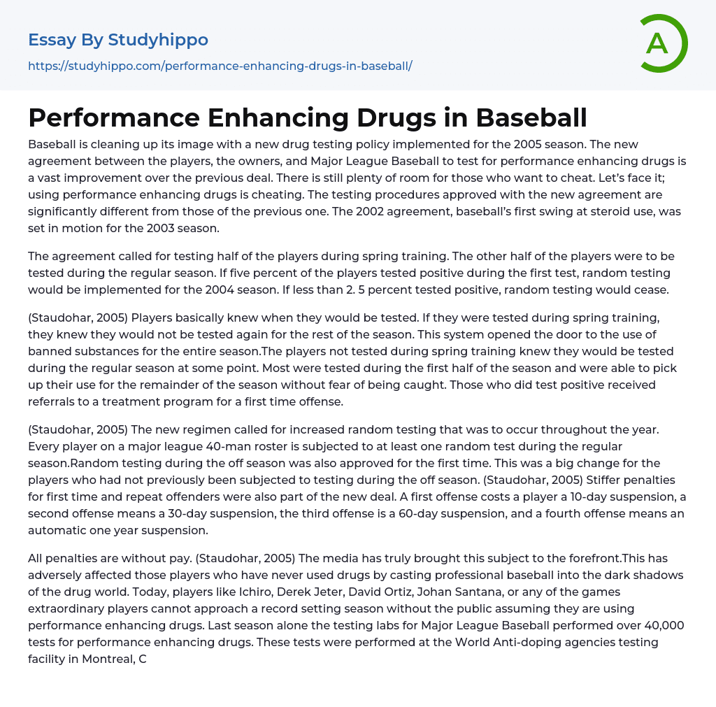 Performance Enhancing Drugs in Baseball Essay Example
