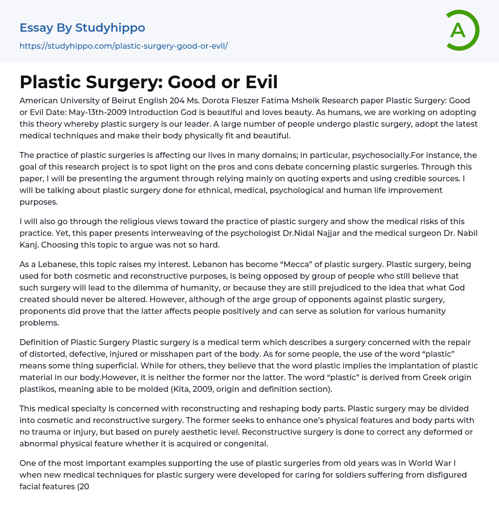 Plastic Surgery Good or Evil Essay Example