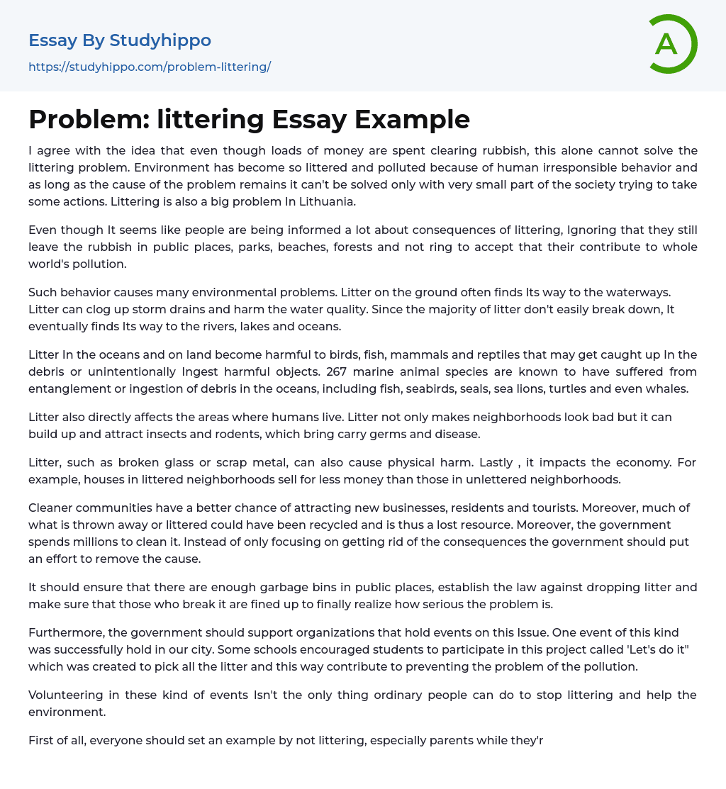 Problem littering Essay Example