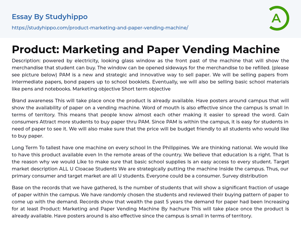 Product Marketing and Paper Vending Machine Essay Example