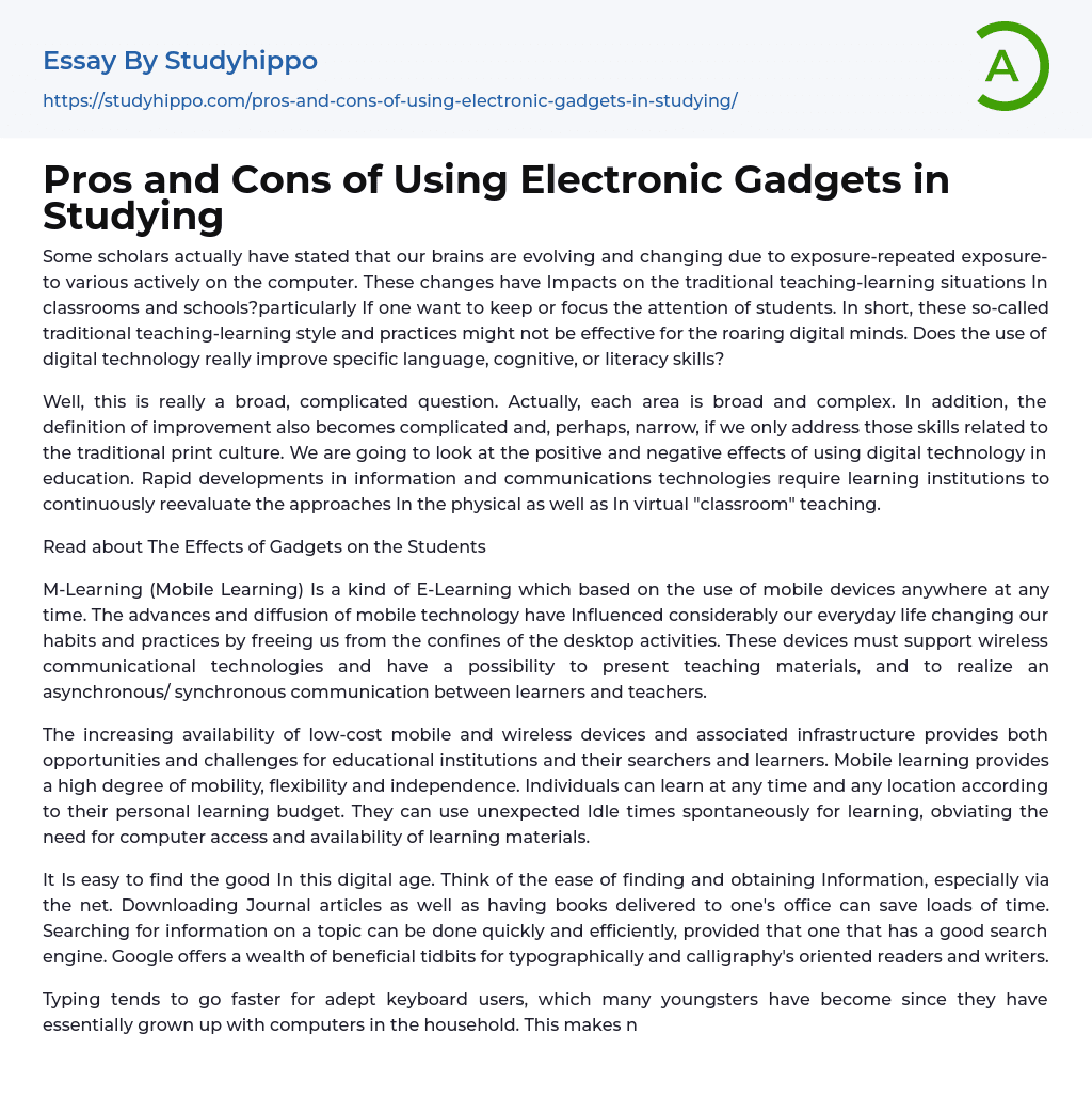 Pros and Cons of Using Electronic Gadgets in Studying Essay Example