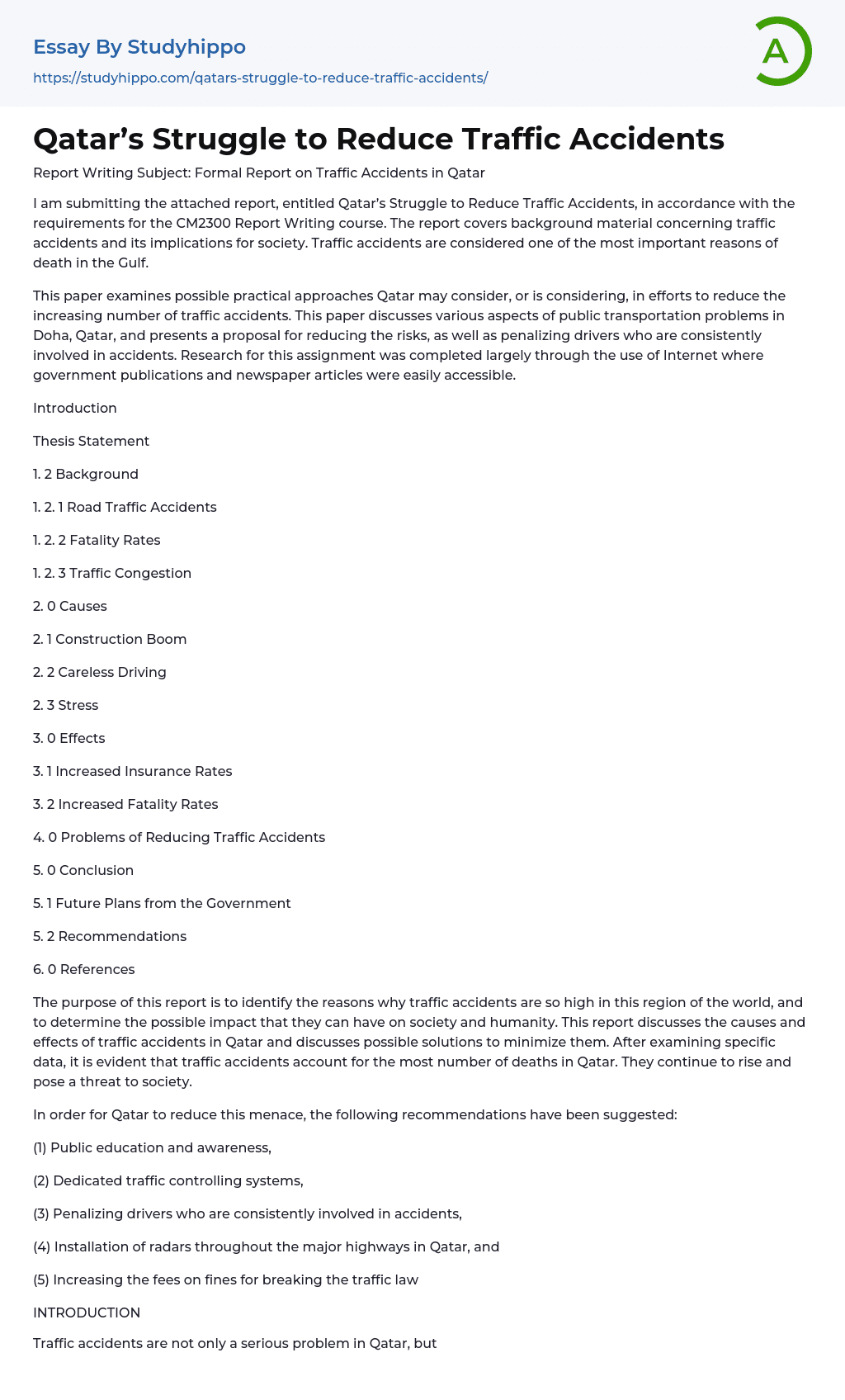 Qatar’s Struggle to Reduce Traffic Accidents Essay Example