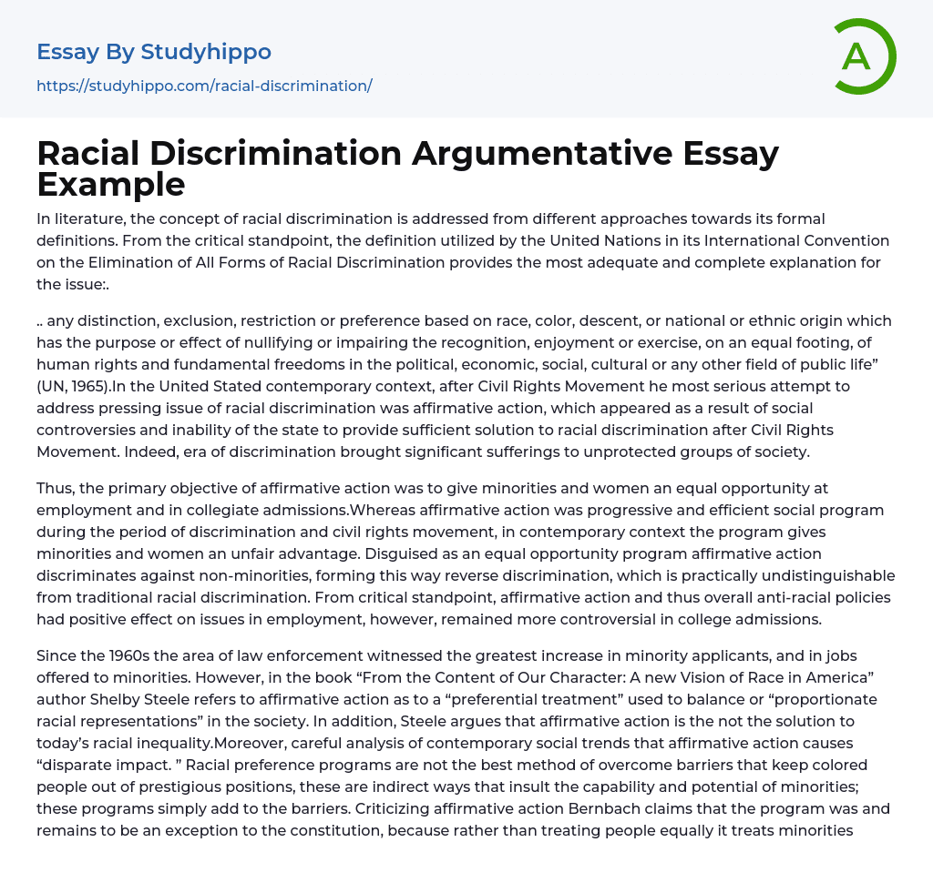 Racial Discrimination Argumentative Essay Example