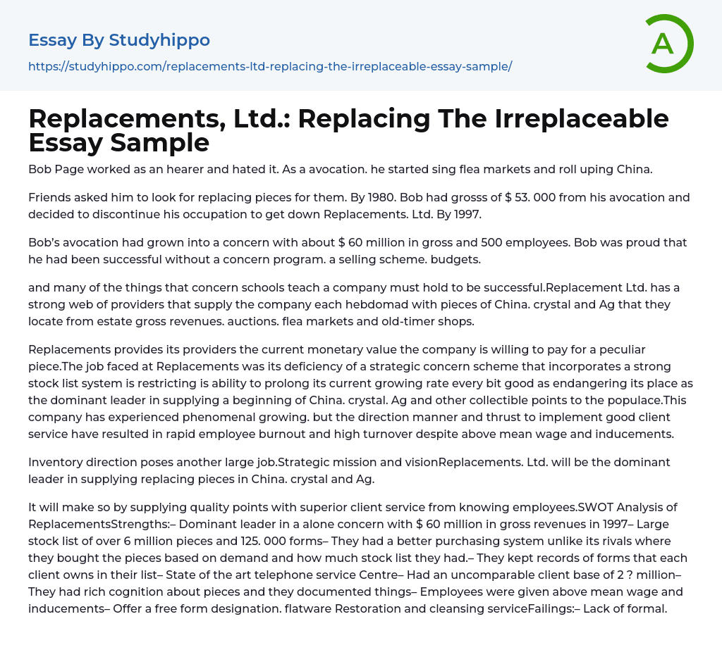 Replacements, Ltd. Replacing The Irreplaceable Essay Sample