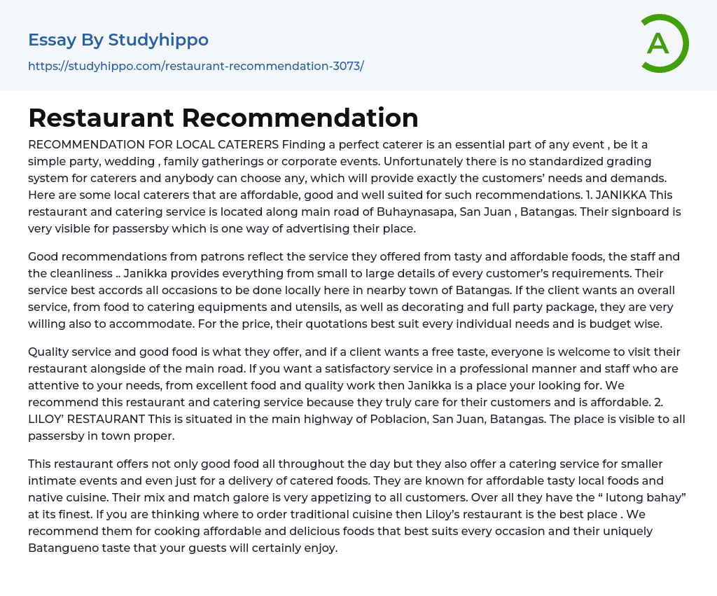 Restaurant Essay Example