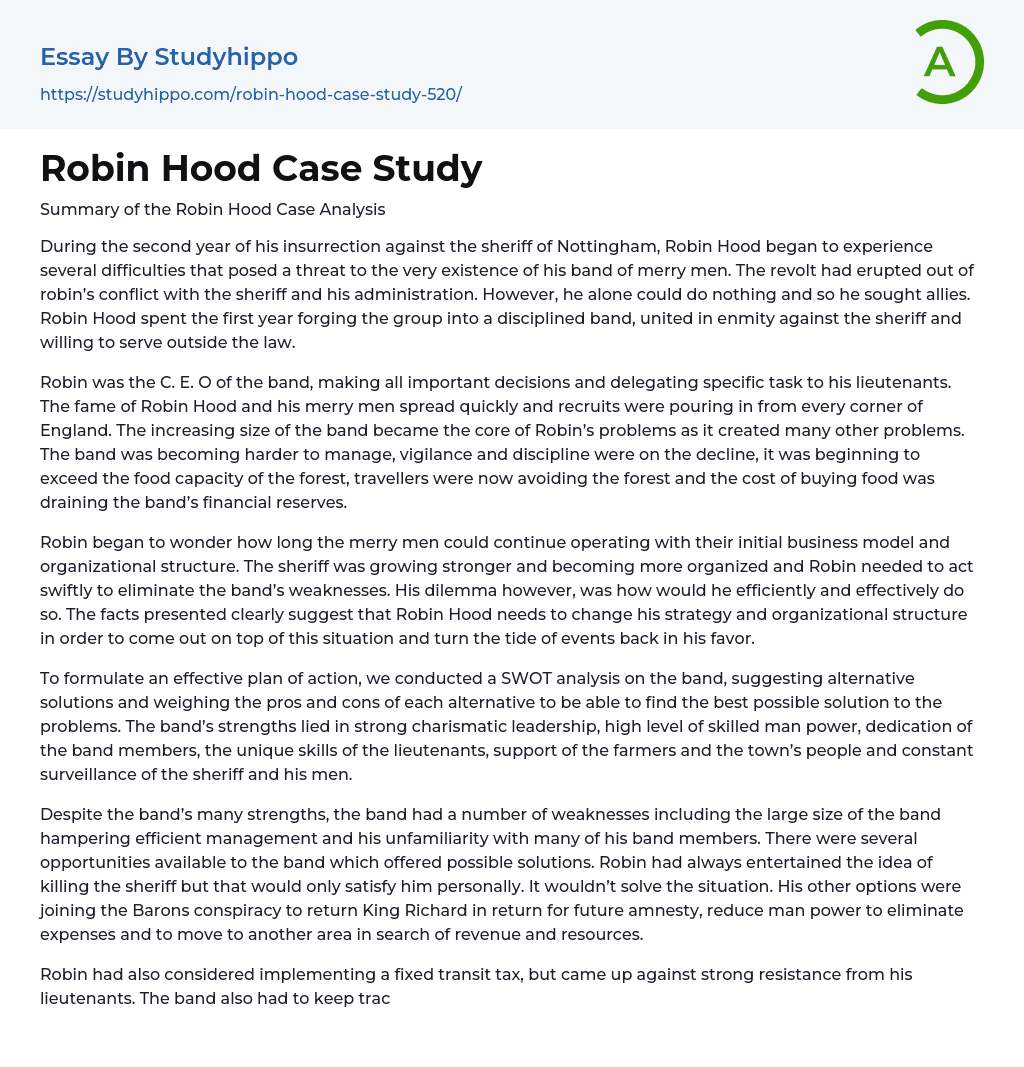 Robin Hood Case Study Essay Example