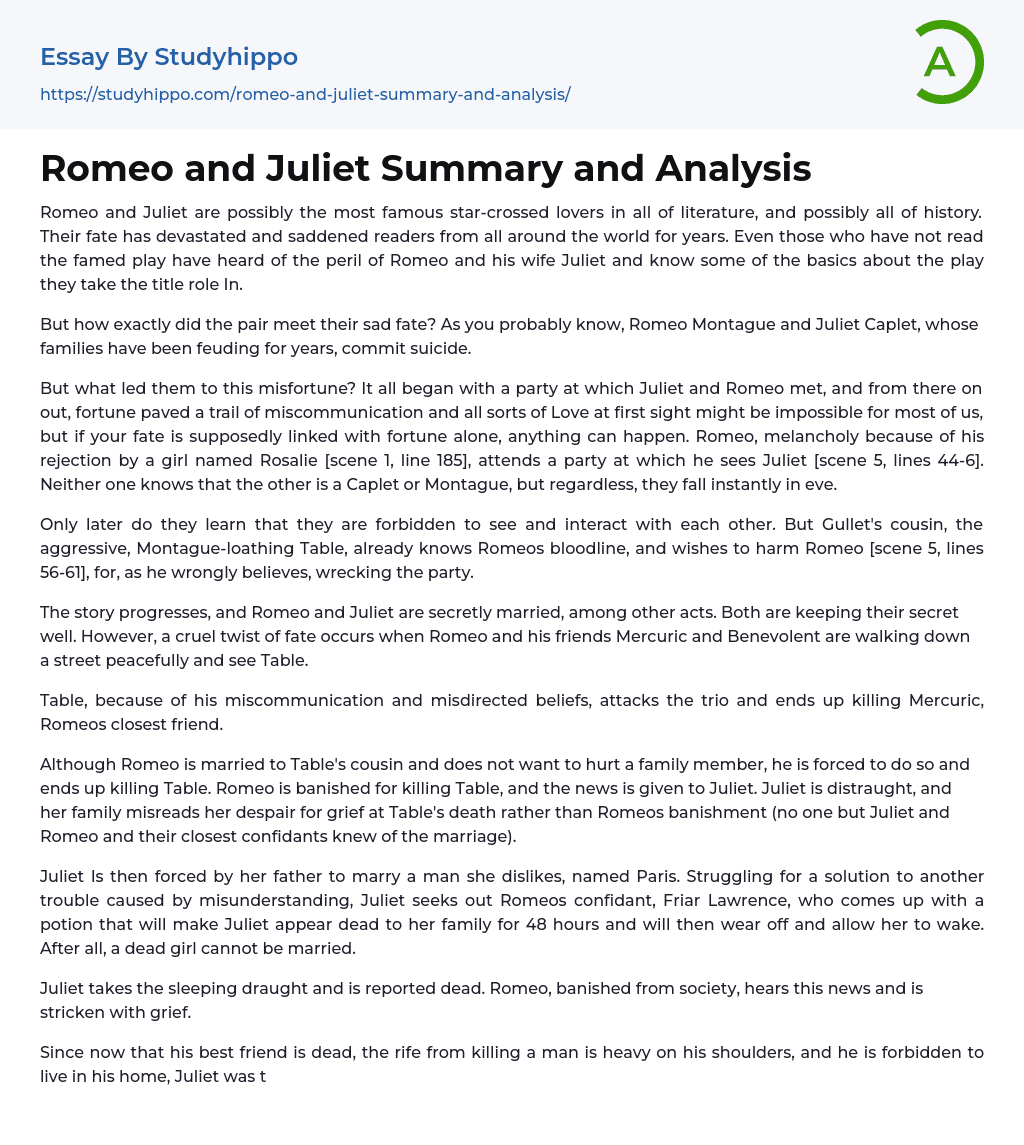 Romeo and Juliet Summary and Analysis Essay Example