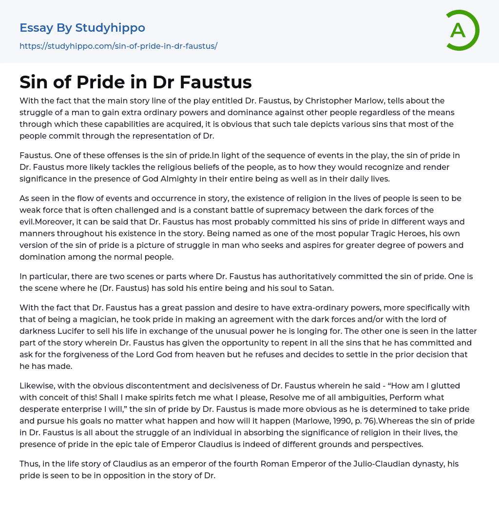 Sin of Pride in Dr Faustus Essay Example