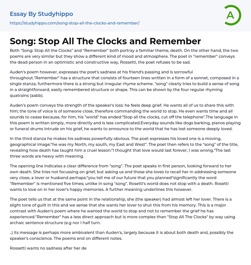 Song Stop All The Clocks and Remember Essay Example