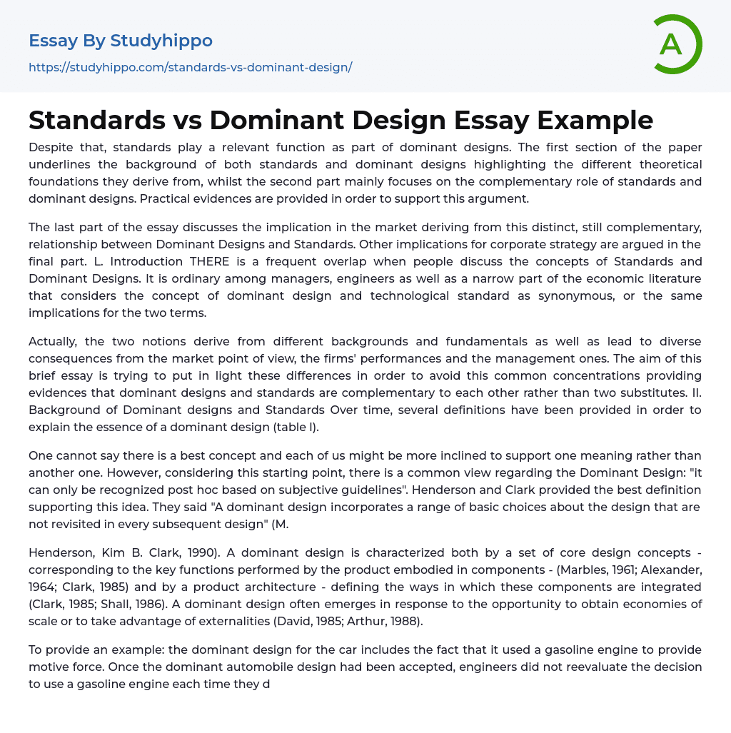 Standards vs Dominant Design Essay Example