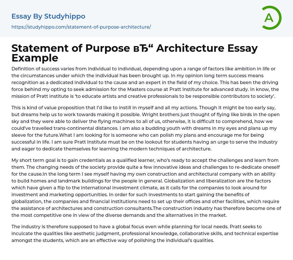 Statement of Purpose вЂ“ Architecture Essay Example