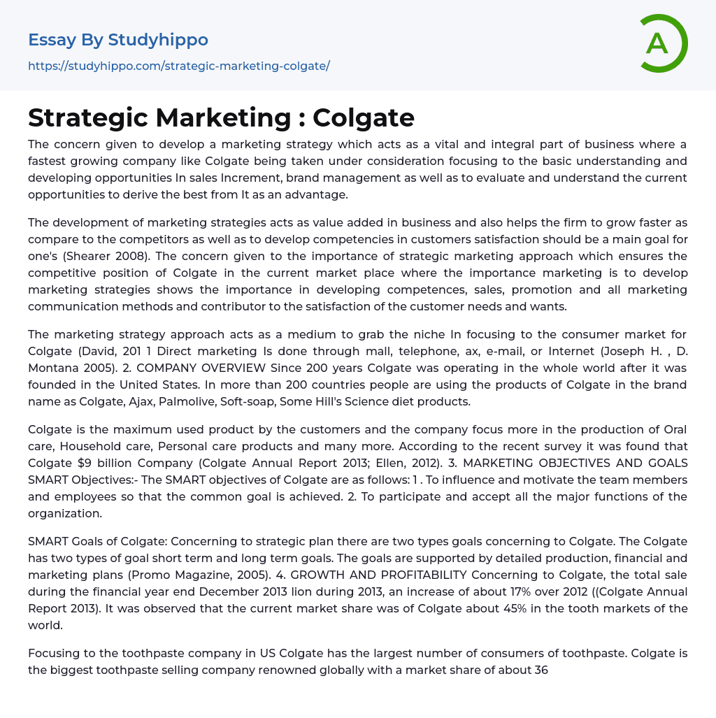 Strategic Marketing Colgate Essay Example
