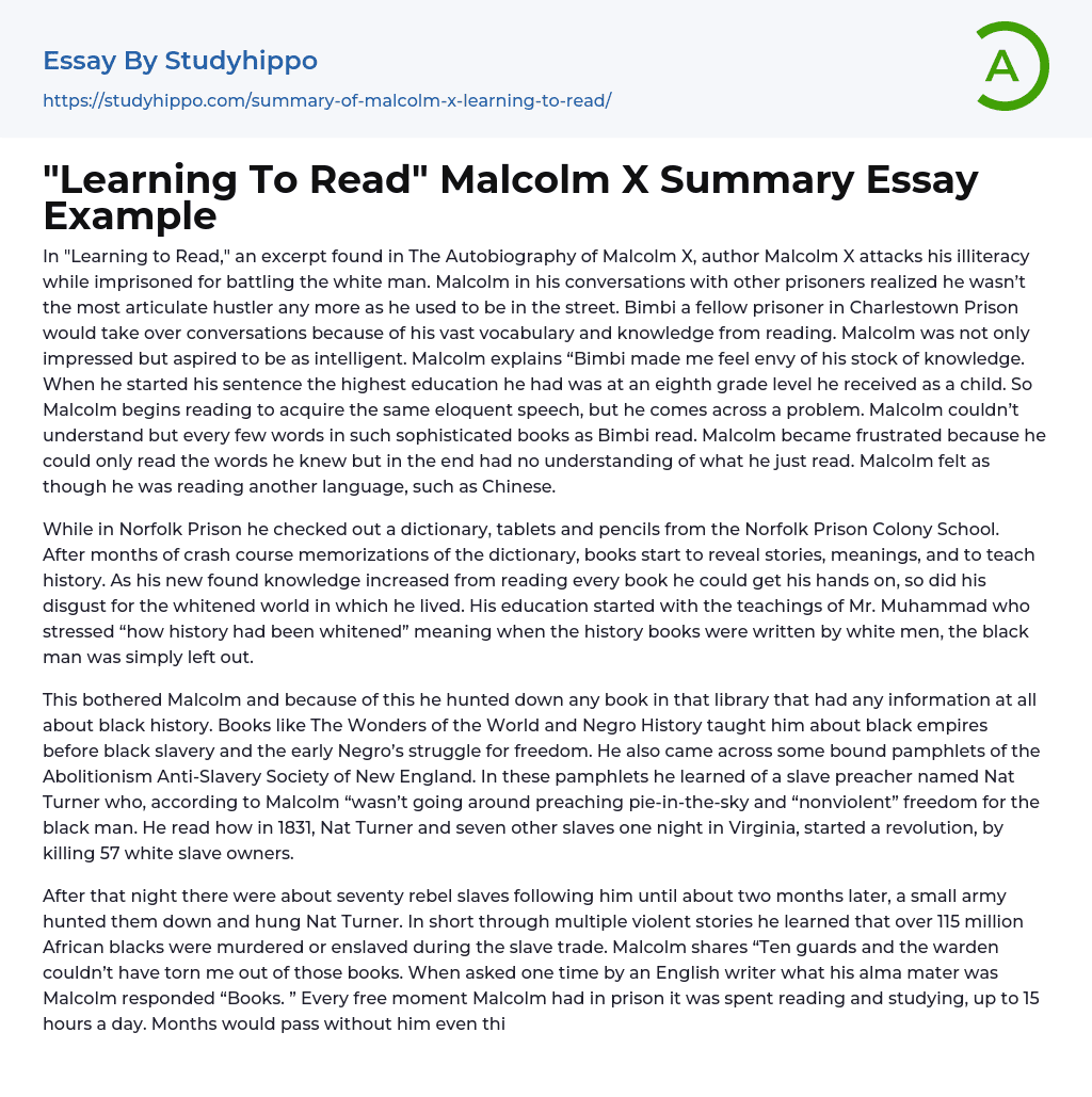 “Learning To Read” Malcolm X Summary Essay Example