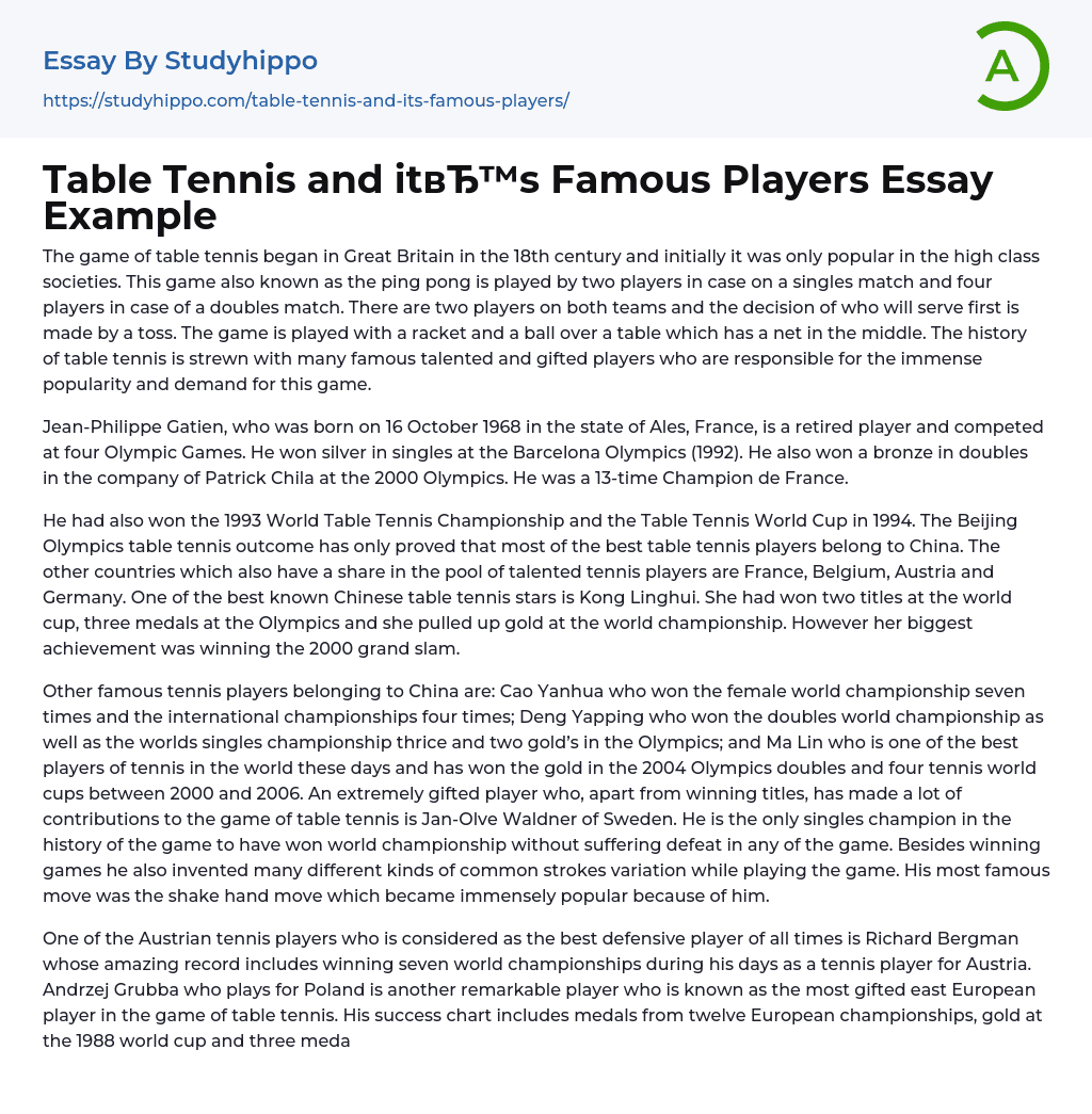 Table Tennis and it’s Famous Players Essay Example