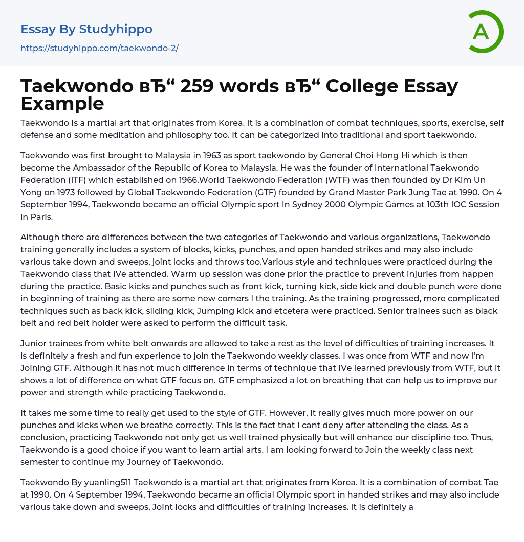 Taekwondo 259 words College Essay Example