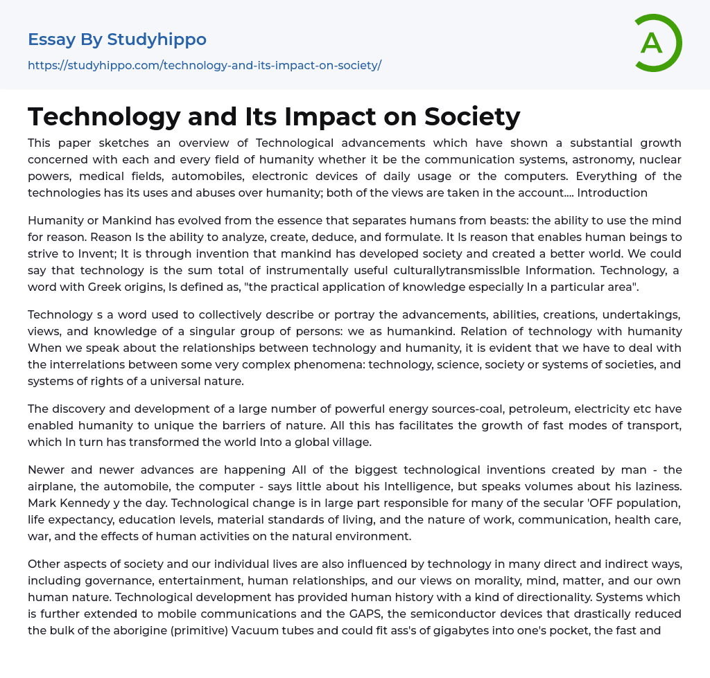 Technology and Its Impact on Society Essay Example