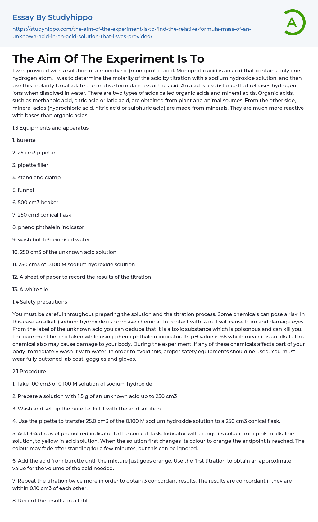 The Aim Of The Experiment Is To Essay Example