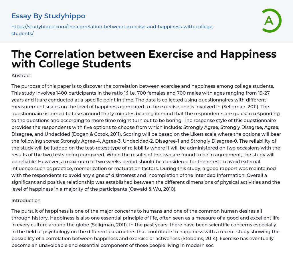 The Correlation between Exercise and Happiness with College Students
