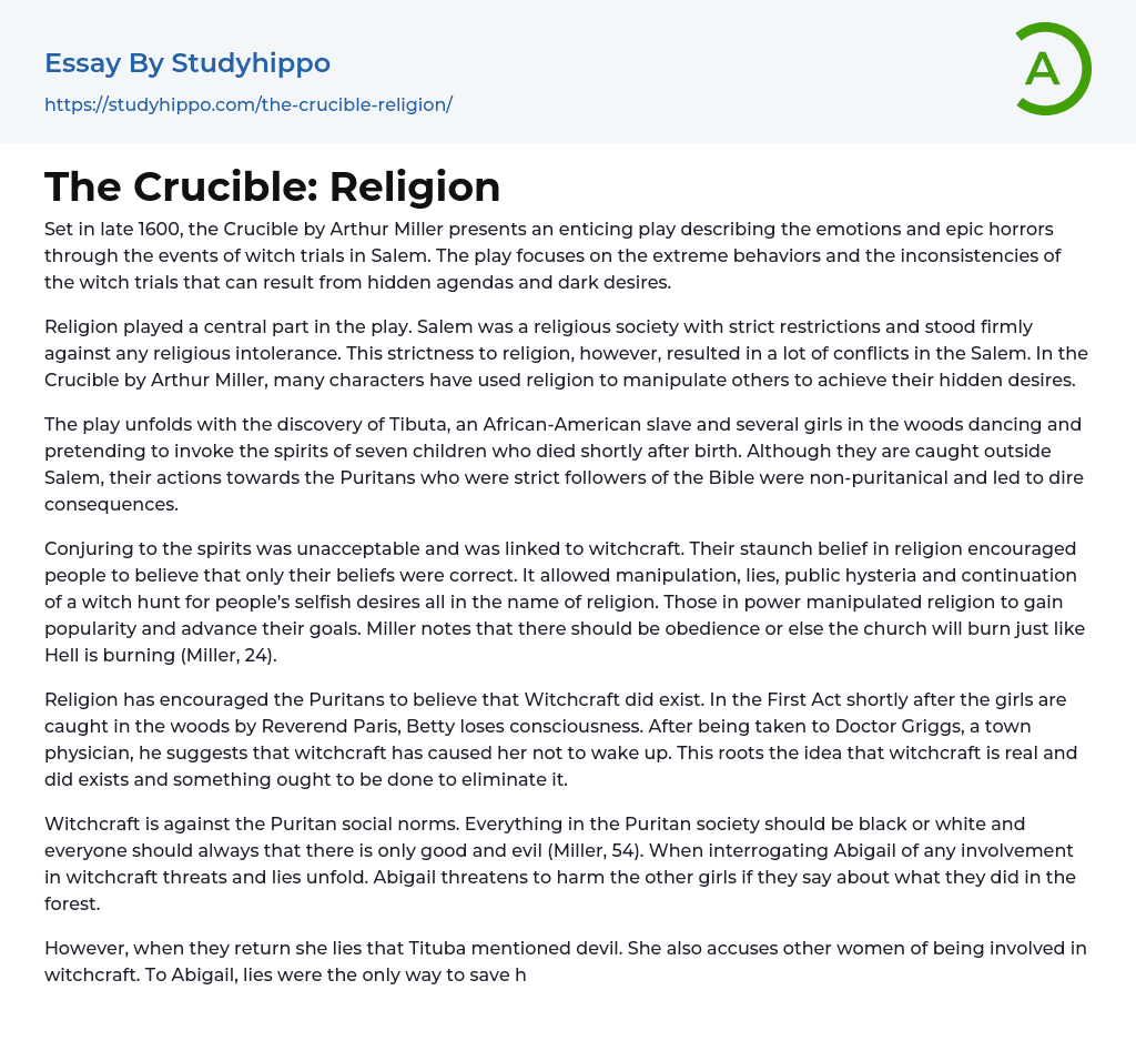 The Crucible Religion Essay Example