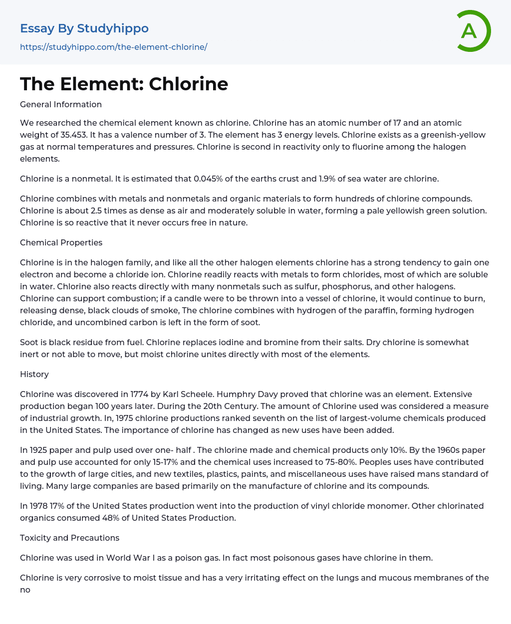 The Element Chlorine Essay Example