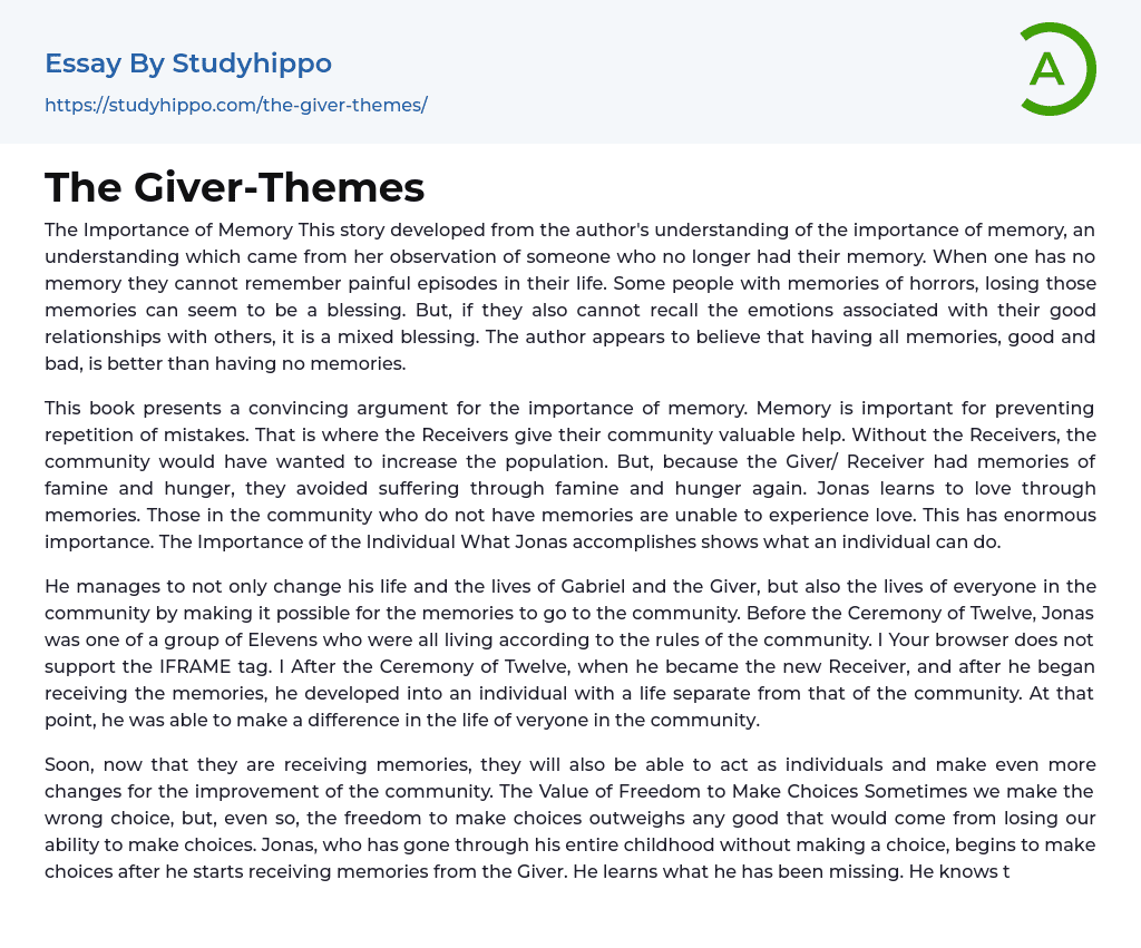 The GiverThemes Essay Example