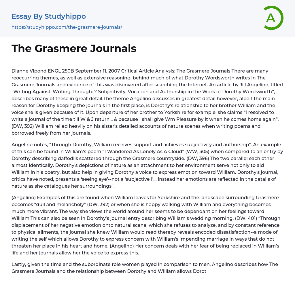 Critical Article Analysis The Grasmere Journals Essay Example