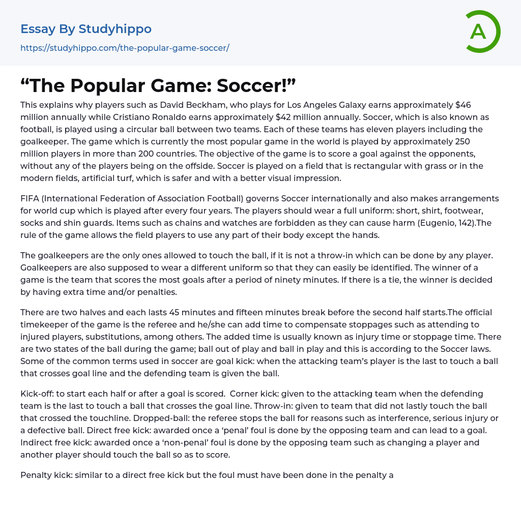 “The Popular Game Soccer!” Essay Example