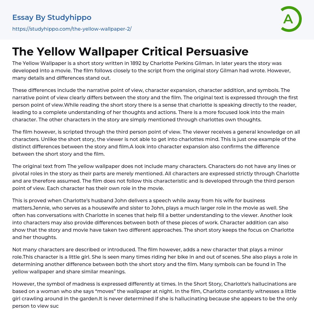 The Yellow Wallpaper Critical Persuasive Essay Example