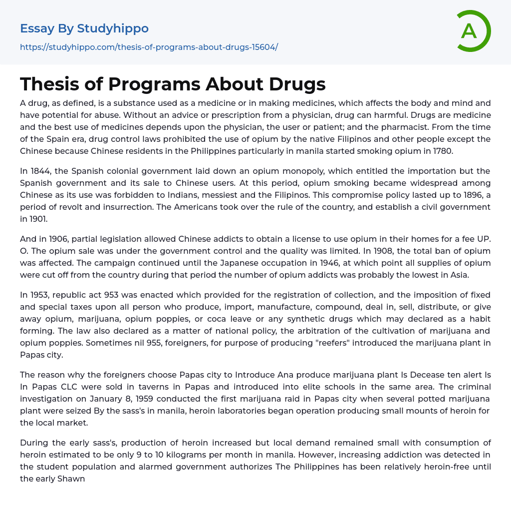 Thesis of Programs About Drugs Essay Example
