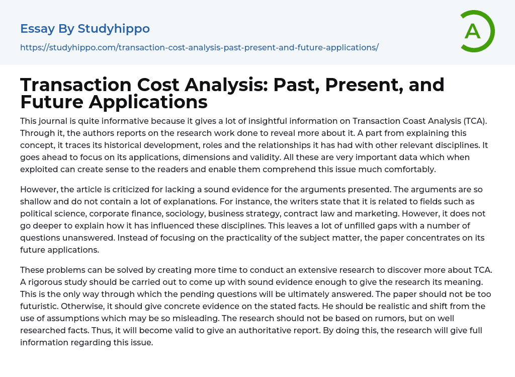 Transaction Cost Analysis Past, Present, and Future Applications Essay