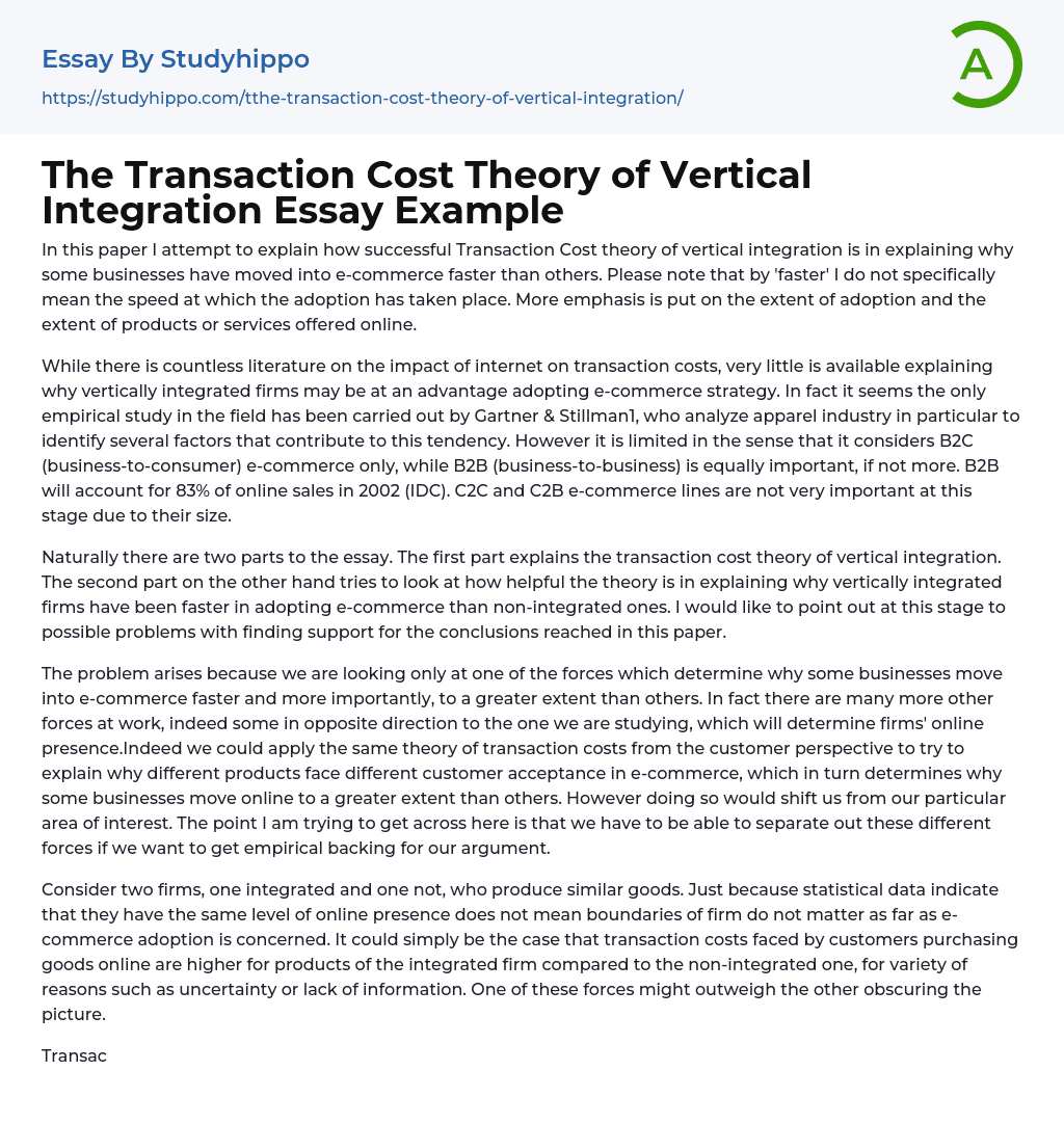 The Transaction Cost Theory of Vertical Integration Essay Example