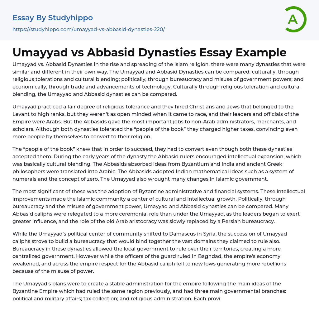 Umayyad vs Abbasid Dynasties Essay Example | StudyHippo.com