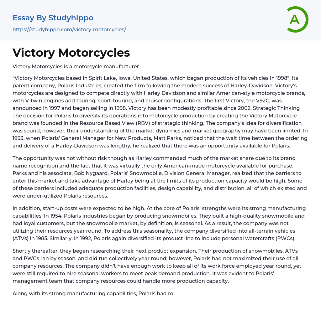 Victory Motorcycles Essay Example