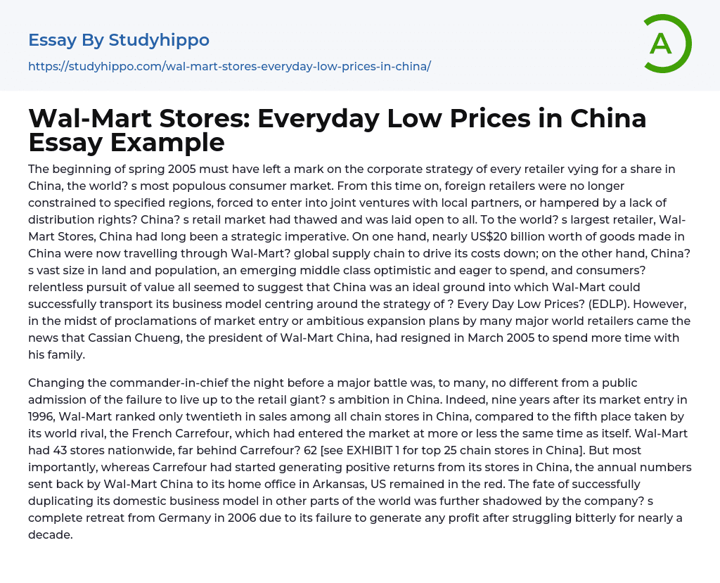 WalMart Stores Everyday Low Prices in China Essay Example